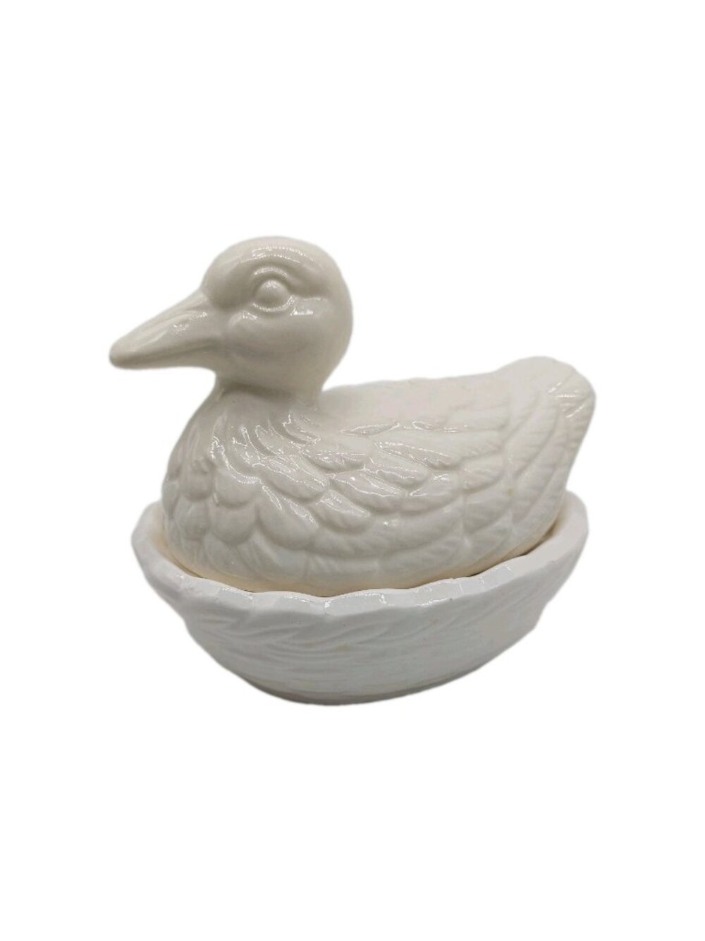 Duck on a Nest Candy Dish Ceramic White Woven Basket Country Farm